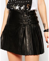 Lamb Pleated Leather Mini Skater Skirt With Multi Side Straps
