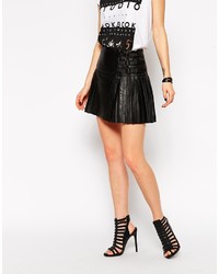 Lamb Pleated Leather Mini Skater Skirt With Multi Side Straps