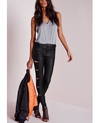 Missguided Hustler Mid Rise Multi Zip Skinny Jeans Coated Black