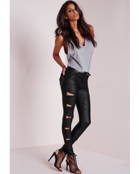 Missguided Hustler Mid Rise Multi Zip Skinny Jeans Coated Black