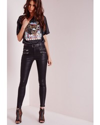Missguided Hustler Mid Rise Zipped Skinny Jeans Coated Black