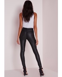 Missguided Sinner High Waisted Multi Zip Skinny Jeans Coated Black