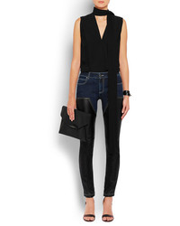 Givenchy Skinny Jeans In Dark Blue Denim And Black Leather Dark Denim