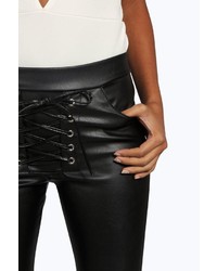 Boohoo Mar Lace Up Skinny Leather Look Trousers