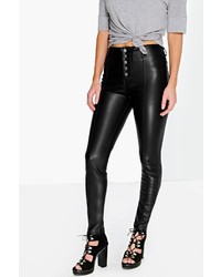 Boohoo Marnie Button Front Leather Look Skinny Trousers
