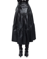 Saint Laurent High Waist Tiered Leather Skirt Black