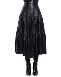 Saint Laurent High Waist Tiered Leather Skirt Black