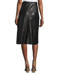 Helmut Lang Leather Ruffle A Line Midi Skirt Black