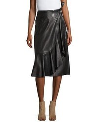 Helmut Lang Leather Ruffle A Line Midi Skirt Black