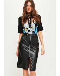 Missguided Black Faux Leather Tab Detail Zip Front Midi Skirt