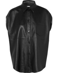 Black Leather Sleeveless Button Down Shirt