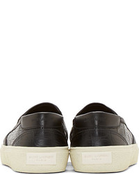 Saint Laurent Black Leather Croc Textured Slip On Sneakers