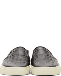 Saint Laurent Black Leather Croc Textured Slip On Sneakers