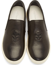 Alexander McQueen Black Leather Skull Embossed Slip On Sneakers