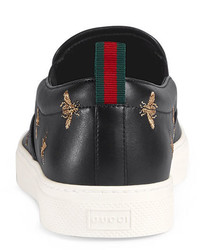 Gucci Dublin Bee Star Embroidered Leather Slip On Sneakers