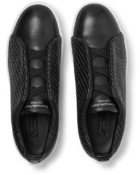 Ermenegildo Zegna Triple Stitch Pelle Tessuta Leather Slip On Sneakers