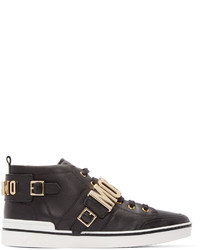 Moschino Black Leather Logo Mid Top Sneakers