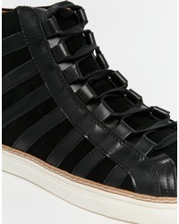Asos Brand Lace Up Sneakers In Black Leather With Looped Laces