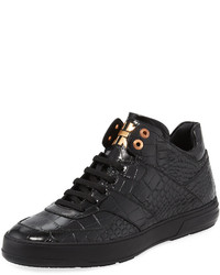 Salvatore Ferragamo Croc Embossed Leather Mid Top Sneaker Black