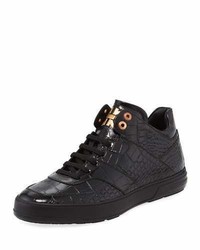 Salvatore Ferragamo Croc Embossed Leather Mid Top Sneaker Black
