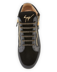 Giuseppe Zanotti Crystal Lace Velvet Leather Mid Top Sneakers