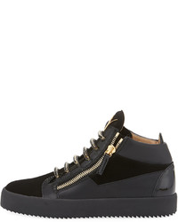 Giuseppe Zanotti Crystal Lace Velvet Leather Mid Top Sneakers
