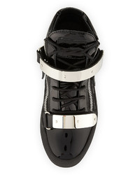 Giuseppe Zanotti Double Strap Patent Leather Mid Top Sneakers Black
