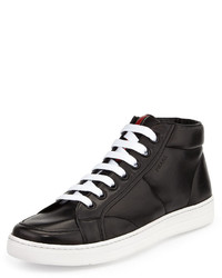 Prada Leather Mid Top Sneaker Black