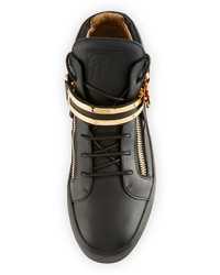 Giuseppe Zanotti Leather Mid Top Sneaker Wdouble Bar Strap Black
