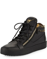 Giuseppe Zanotti Leather Mid Top Sneaker With Gold Piercing Details Black
