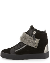 Giuseppe Zanotti Leather Mid Top Sneaker With Jeweled Strap Black