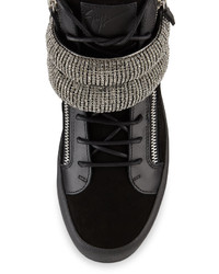 Giuseppe Zanotti Leather Mid Top Sneaker With Jeweled Strap Black