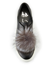Delman Marli Fox Pompom Leather Sneaker Black