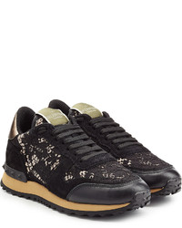 Valentino Rockstud Leather And Lace Sneakers