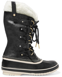 Sorel Joan Of Arctic Waterproof Shearling Trimmed Leather Boots Black