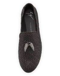 Giuseppe Zanotti Woven Leather Formal Loafer With Horn Tassels Black