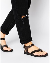 Teva Orginal Black Leather Metallic Flat Sandals