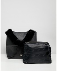 Dune Dixiee Black Faux Croc Tote Bag With Faux Fur Handle And Detachable Strap Synthetic