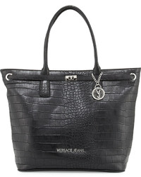 Versace Jeans Faux Leather Croc Embossed Large Tote Bag Black