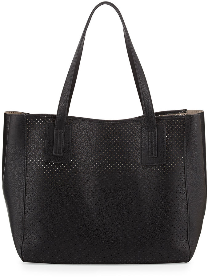 Neiman Marcus Perforated Faux Leather Tote Bag Black | Where to buy & how to wear