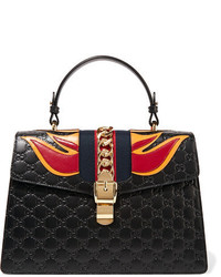 Gucci Sylvie Appliqud Embossed Leather Tote Black