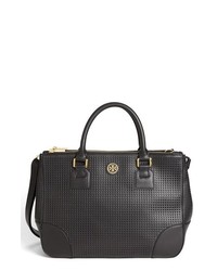 Tory Burch Robinson Double Zip Perforated Leather Tote Black