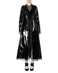 Lanvin Belted Patent Leather Trench Coat Wruffle Trim Black