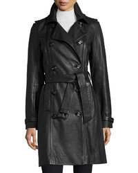 Neiman Marcus Double Breasted Lambskin Leather Classic Trench Coat Black