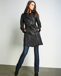 Neiman Marcus Double Breasted Lambskin Leather Classic Trench Coat Black