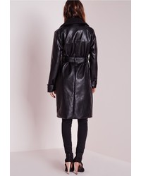 Missguided Faux Leather Trench Coat With Shearling Collar Black
