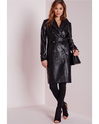 Missguided Faux Leather Trench Coat With Shearling Collar Black