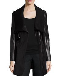 T Tahari Leather Knit Belted Wrap Coat
