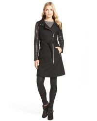 Mackage Leather Sleeve Long Wool Blend Trench Coat