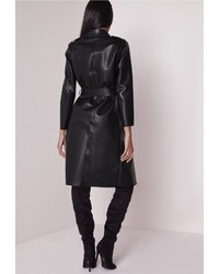 Missguided Peace Love Faux Leather Trench Coat Black